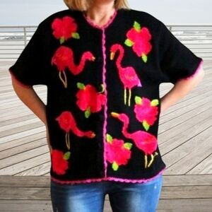 Vtg. Pink flamingos flowers beaded/sequined Black knit short sleeve cardigan XL
